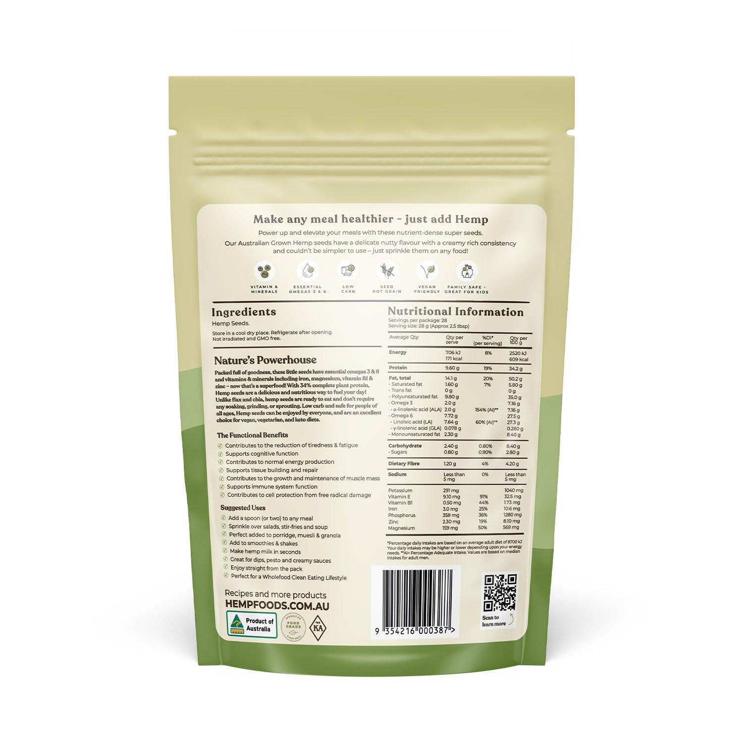 Aus Grown Conventional Hulled Hemp Seeds - 800g - Hemp Foods Australia