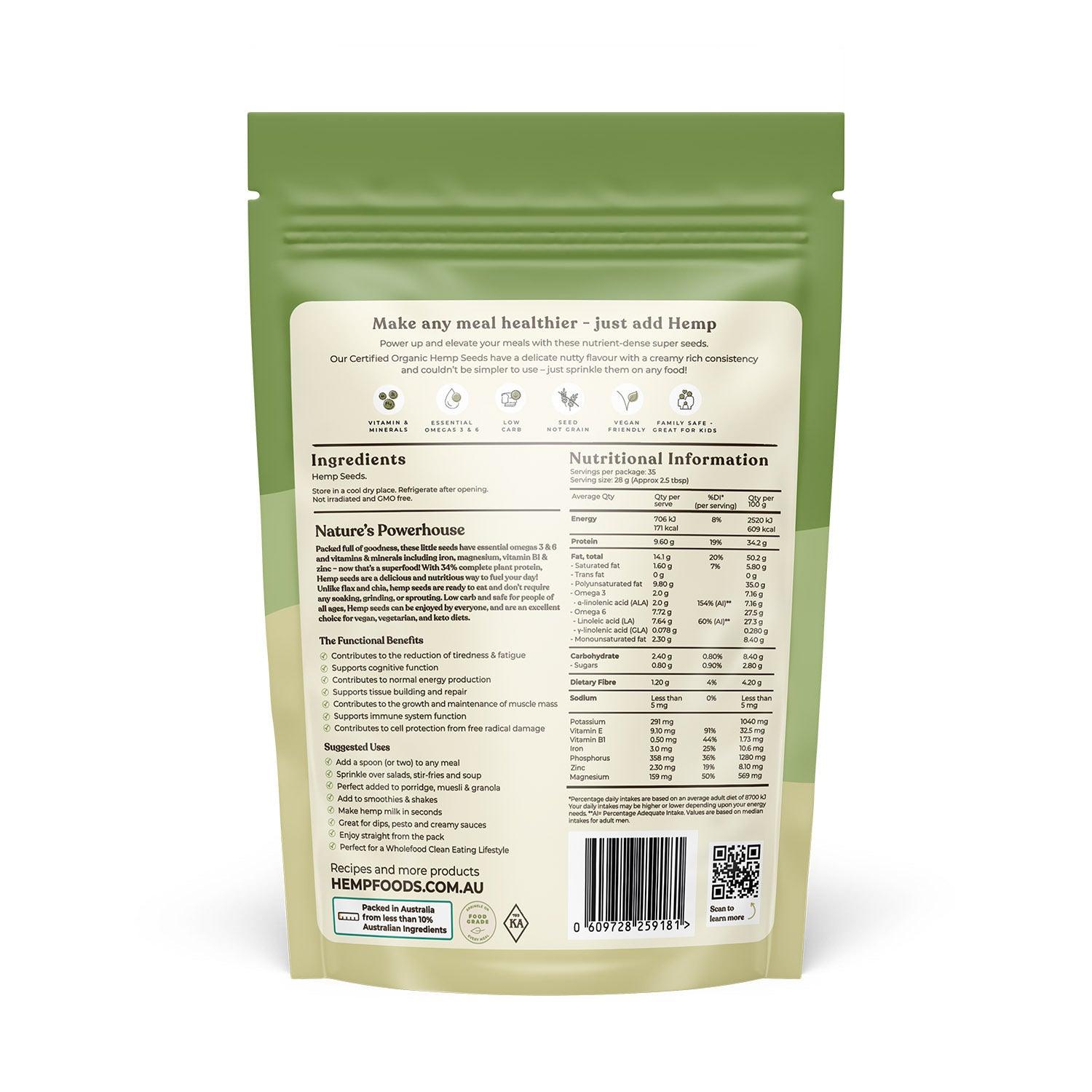 Organic Hulled Hemp Seeds - 1kg - Hemp Foods Australia