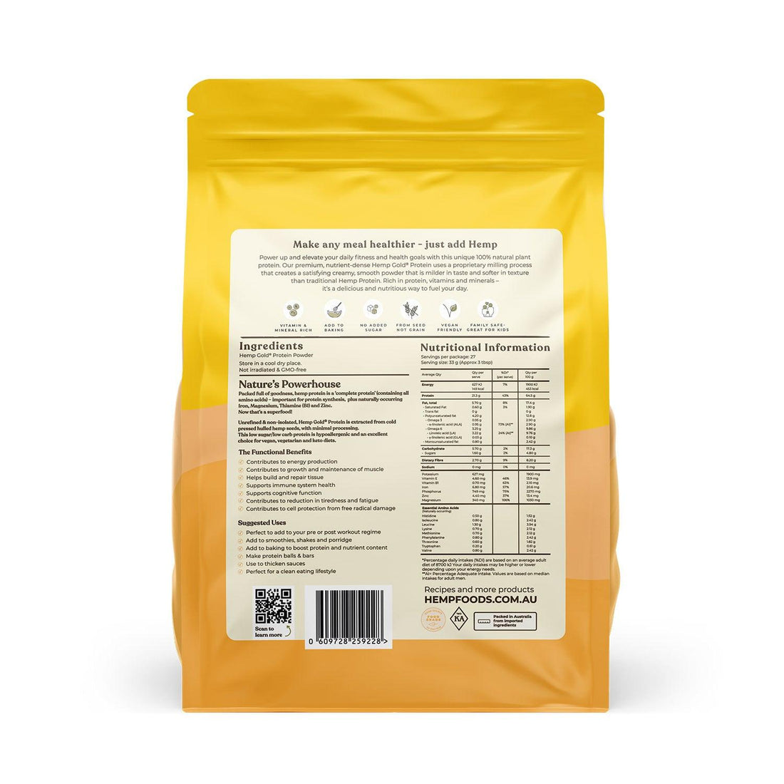 Organic Hemp Gold Protein Powder - 900g - Hemp Foods Australia